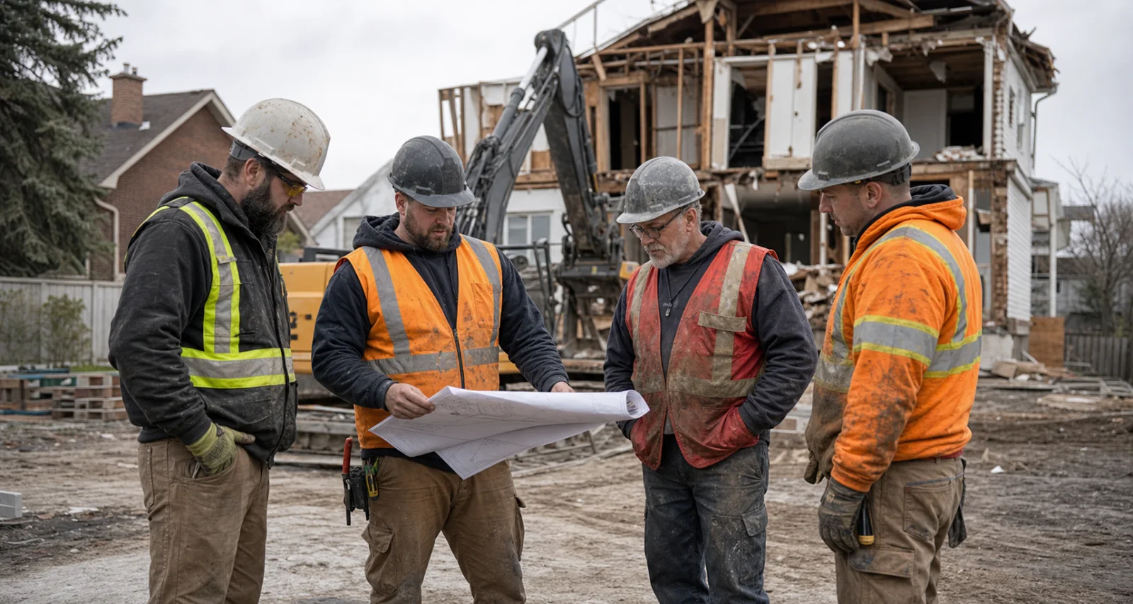 Demolition crew reviewing project drawings before a residential teardown