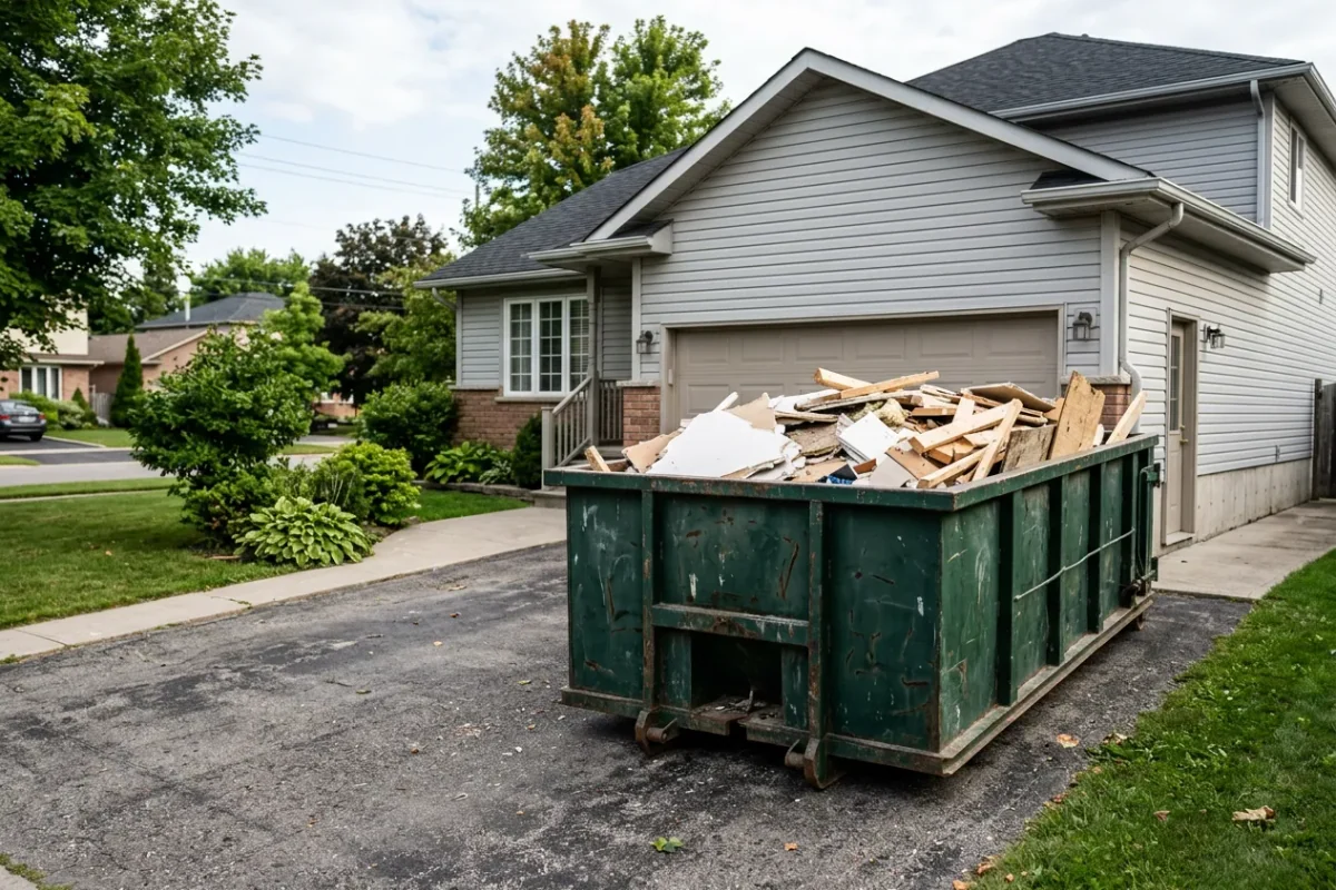 Steel roll-off dumpster bin parked on a residential driveway partially filled with renovation debris