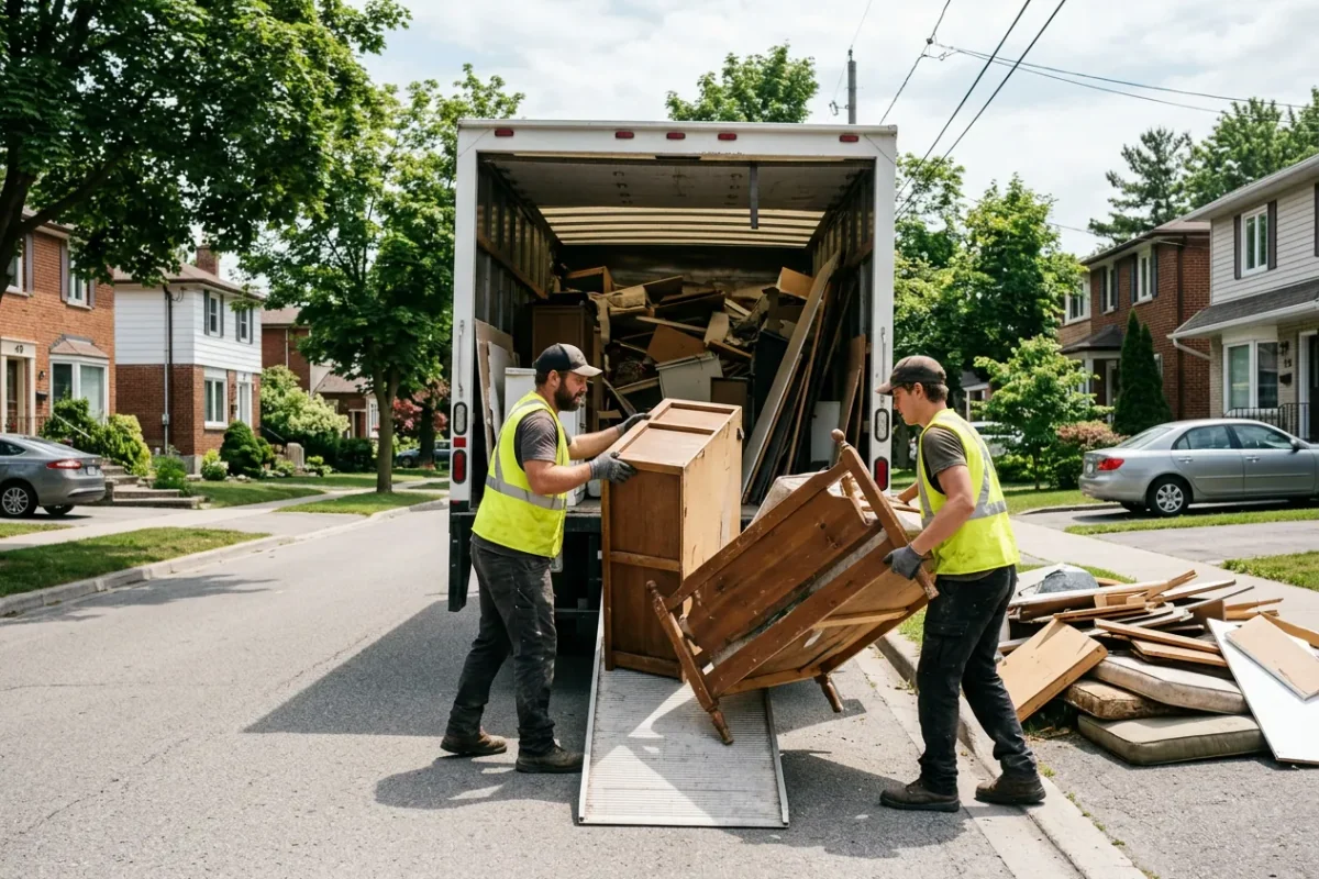 Two crew members in safety vests loading furniture and renovation debris into a box truck on a residential street