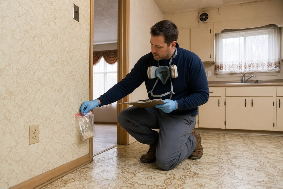 Building-materials inspector collecting a controlled sample inside an older home before demolition
