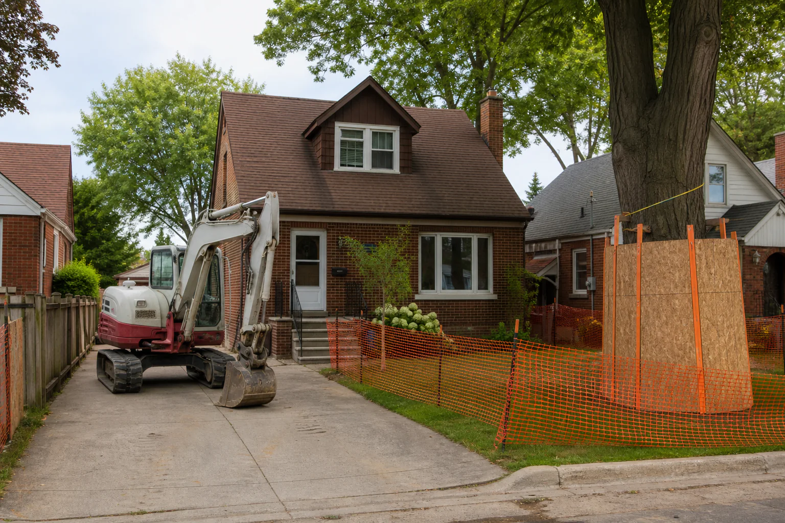 Older brick house prepared for demolition with a compact excavator, safety fencing and tree protection