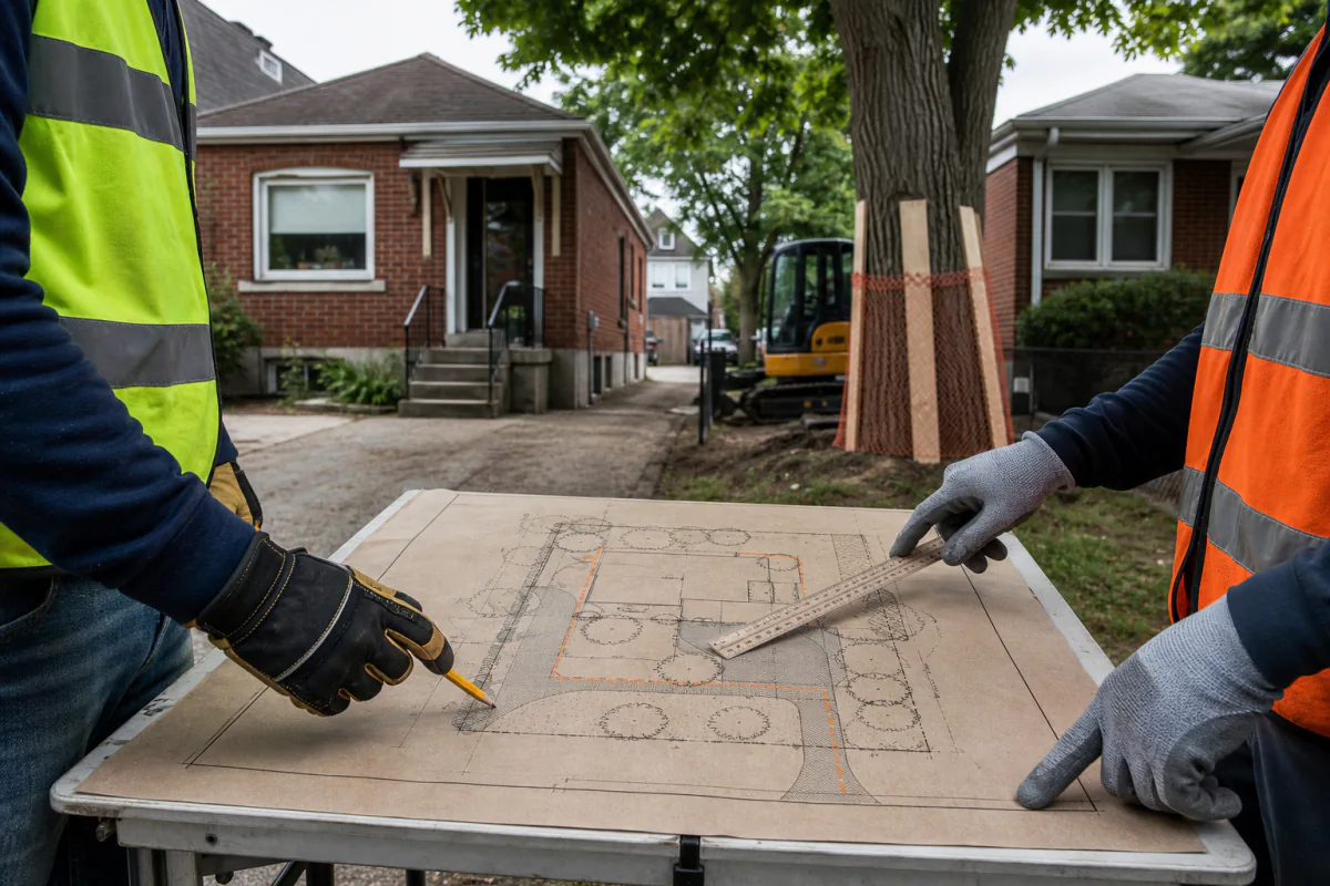 Construction crew reviewing a residential site plan beside a narrow driveway, mature tree and compact excavator