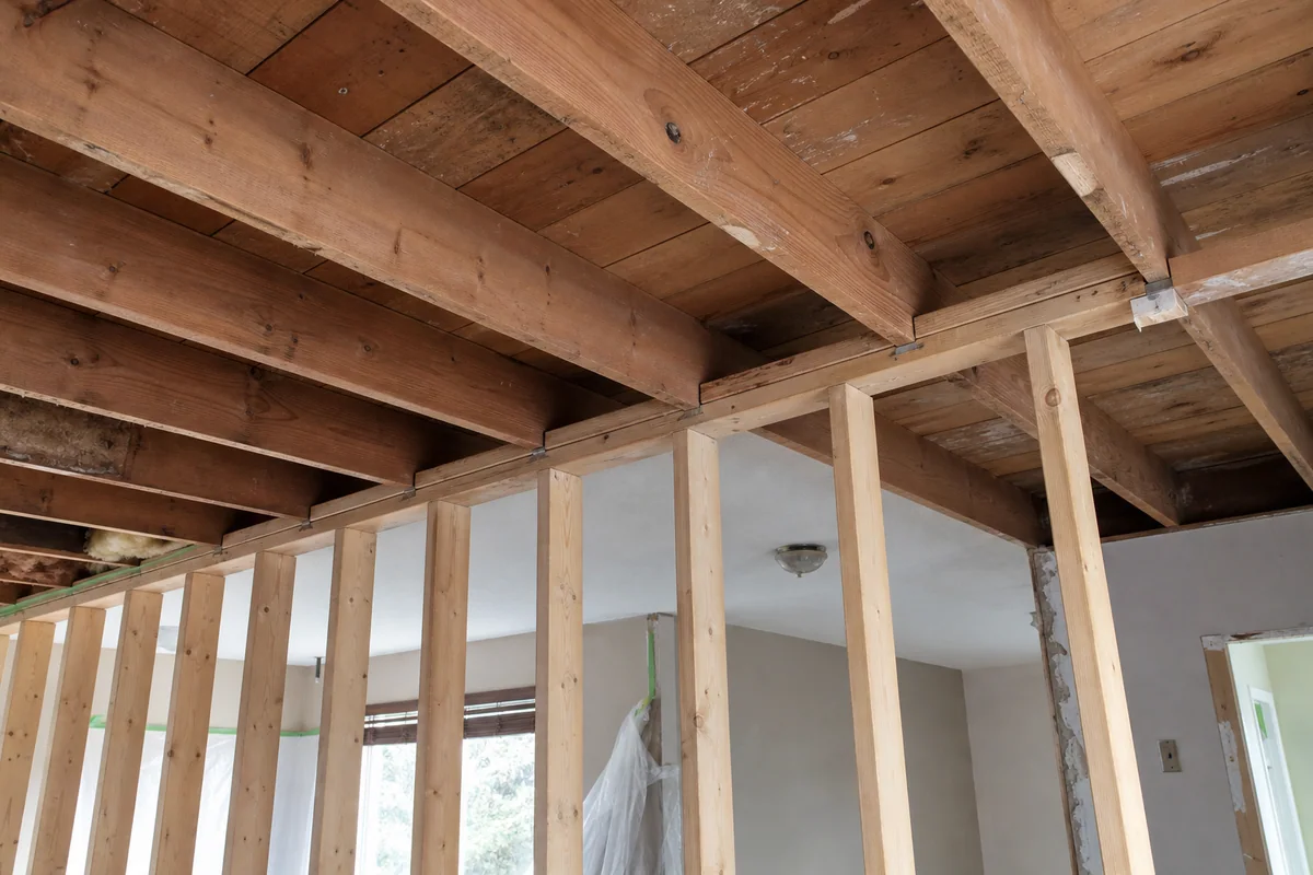 Exposed floor joists crossing perpendicular over an interior stud wall