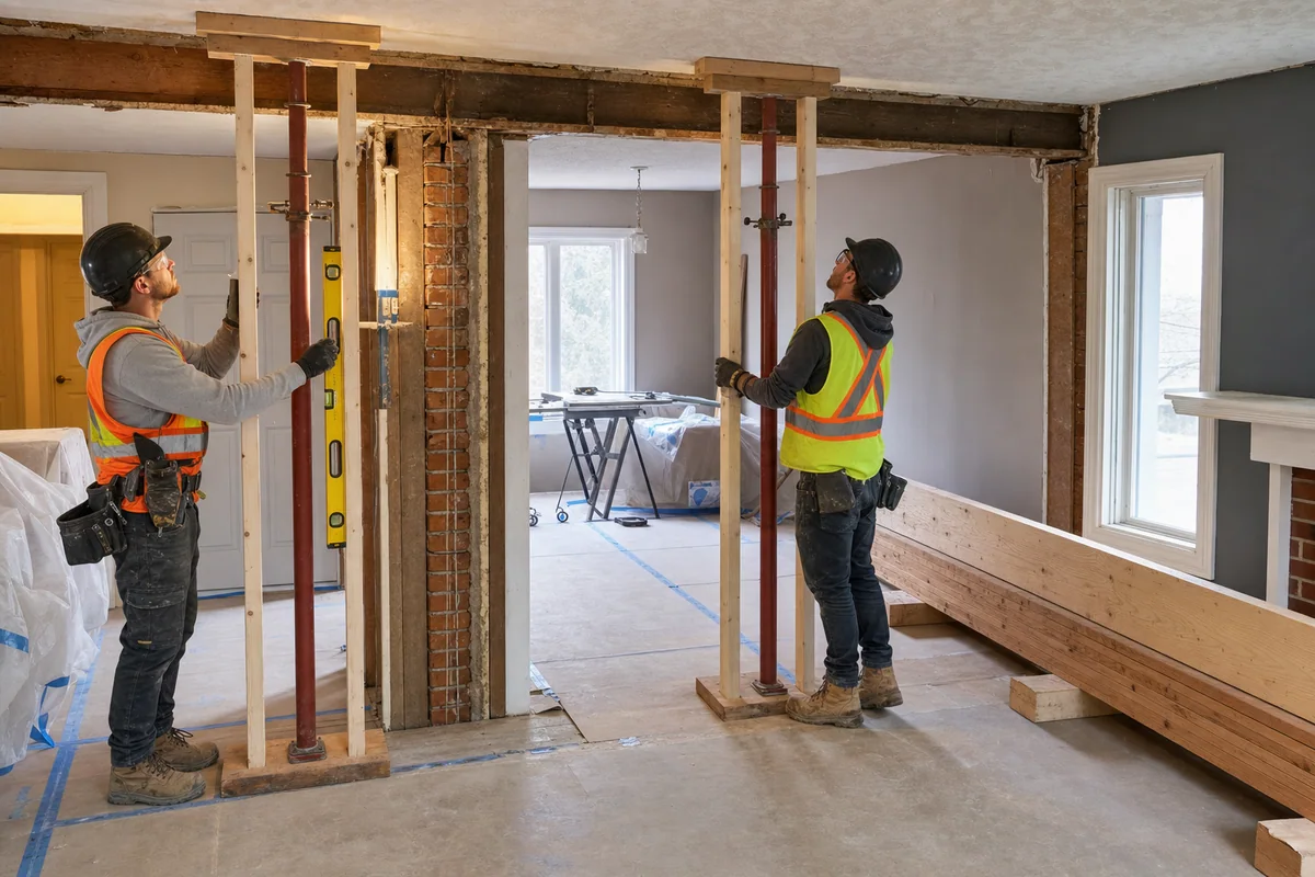 Workers checking temporary supports around a structural wall opening before beam installation