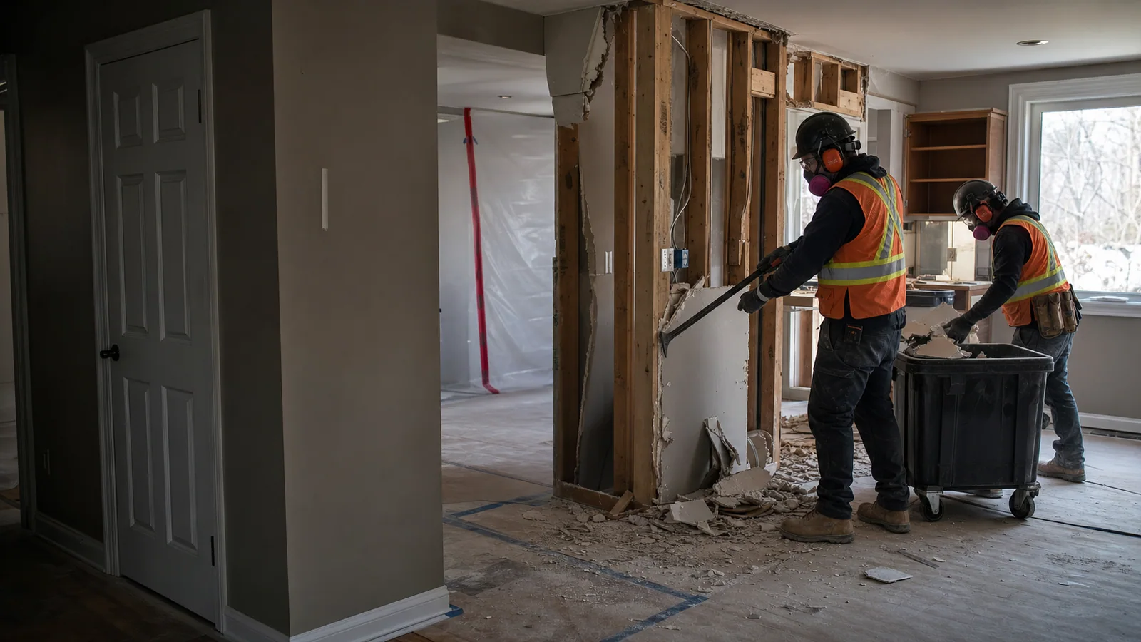 Demolition crew removing drywall from a residential interior