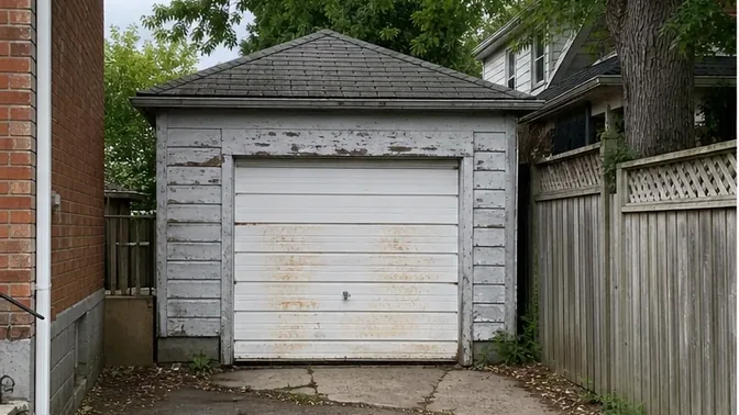 Weathered detached garage before demolition