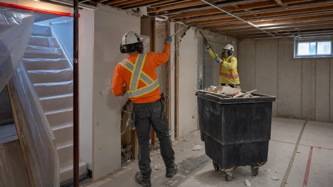 Crew gutting a finished basement back to the structure