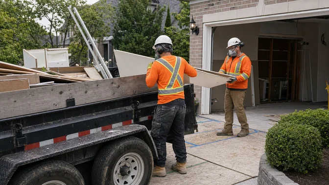 Crew loading sorted renovation debris into a trailer